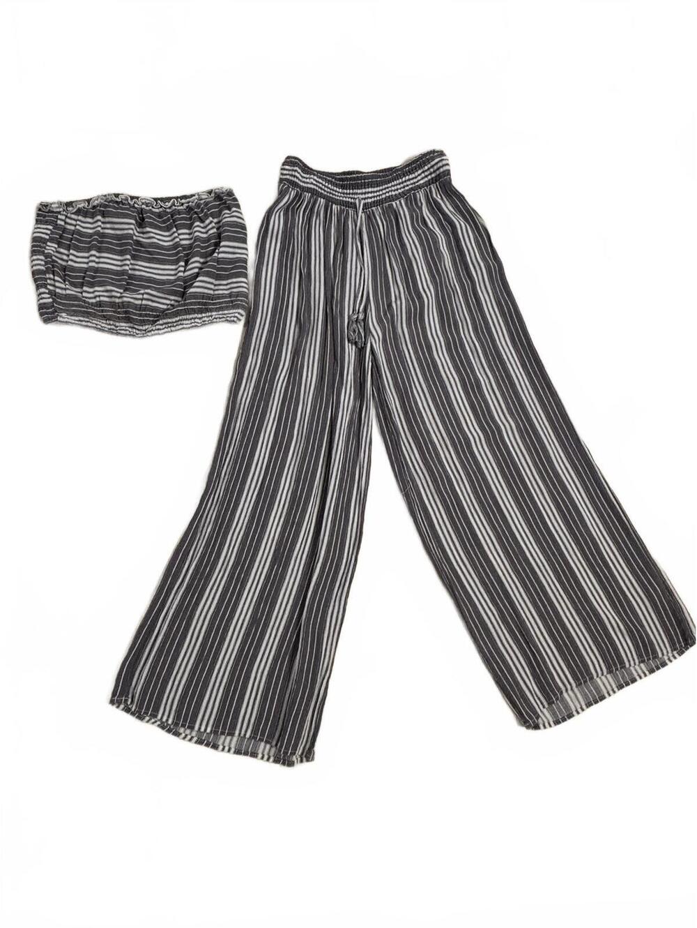 Kiwi & Peach Striped Wide Leg Pants and Tube Top Set - Medium